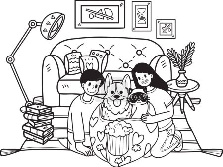 Illustration for Hand Drawn owners are watching movies in blankets with dogs and cats illustration in doodle style isolated on background - Royalty Free Image