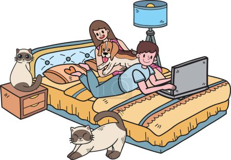 Téléchargez les illustrations : Hand Drawn Owner working on laptop with dog and cat in bedroom illustration in doodle style isolated on background - en licence libre de droit