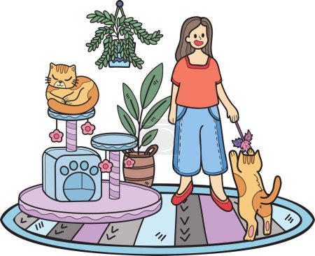 Ilustración de Hand Drawn The owner plays with the cat in the room illustration in doodle style isolated on background - Imagen libre de derechos