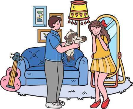 Illustration for Hand Drawn Man gives a cat as a gift to a woman illustration in doodle style isolated on background - Royalty Free Image