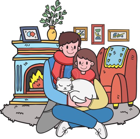 Ilustración de Hand Drawn Man and woman couple hugging a cat in the room illustration in doodle style isolated on background - Imagen libre de derechos