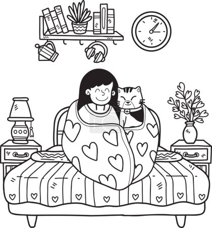 Illustration for Hand Drawn The owner sits hugging the cat in the blanket in the bedroom illustration in doodle style isolated on background - Royalty Free Image