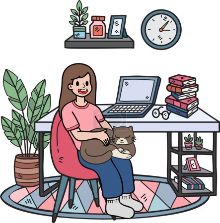 Téléchargez les illustrations : Hand Drawn The owner sits and hugs the cat in the office illustration in doodle style isolated on background - en licence libre de droit