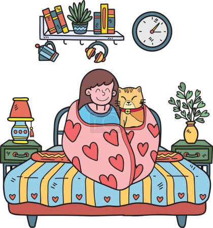 Téléchargez les illustrations : Hand Drawn The owner sits hugging the cat in the blanket in the bedroom illustration in doodle style isolated on background - en licence libre de droit