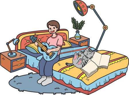 Ilustración de Hand Drawn The owner plays guitar with the cat in the bedroom illustration in doodle style isolated on background - Imagen libre de derechos