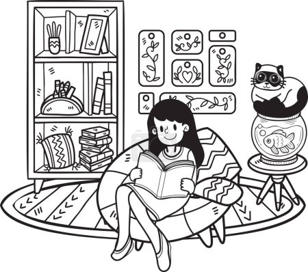 Illustration for Hand Drawn The owner sits and reads a book with the cat in the living room illustration in doodle style isolated on background - Royalty Free Image
