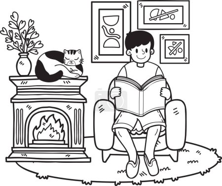 Illustration for Hand Drawn The owner reads a book with the cat in the living room illustration in doodle style isolated on background - Royalty Free Image