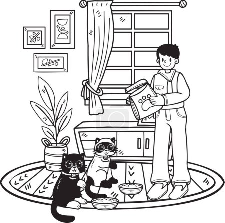 Illustration for Hand Drawn The owner feeds the cats in the room illustration in doodle style isolated on background - Royalty Free Image