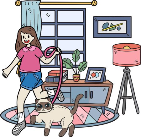 Illustration for Hand Drawn The owner walks with the cat in the room illustration in doodle style isolated on background - Royalty Free Image