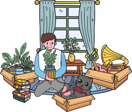 Illustration for Hand Drawn The owner arranges a new house with cats illustration in doodle style isolated on background - Royalty Free Image
