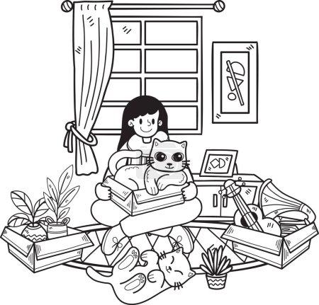 Téléchargez les illustrations : Hand Drawn Owner with cat and gift in the room illustration in doodle style isolated on background - en licence libre de droit