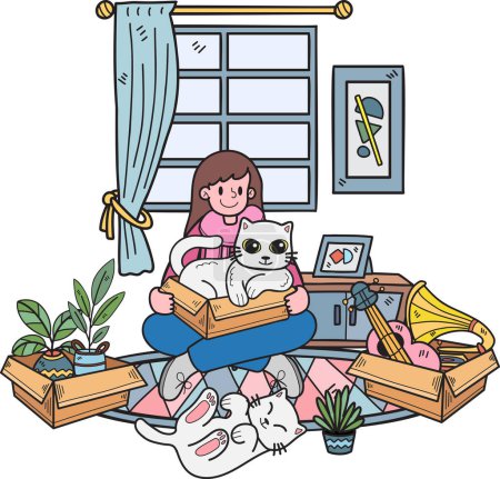 Téléchargez les illustrations : Hand Drawn Owner with cat and gift in the room illustration in doodle style isolated on background - en licence libre de droit