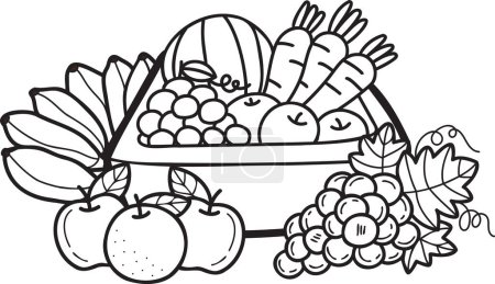 Téléchargez les illustrations : Illustration de panier de fruits dessinée à la main dans le style doodle isolé sur fond - en licence libre de droit