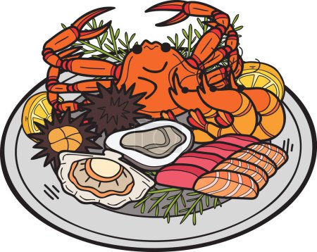 Téléchargez les illustrations : Hand Drawn seafood on plate illustration in doodle style isolated on background - en licence libre de droit