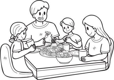Illustration for Hand Drawn family eating food on the table illustration in doodle style isolated on background - Royalty Free Image