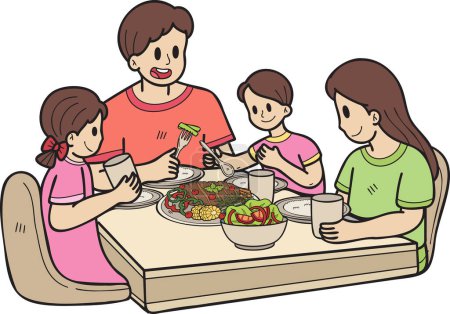 Téléchargez les illustrations : Hand Drawn family eating food on the table illustration in doodle style isolated on background - en licence libre de droit