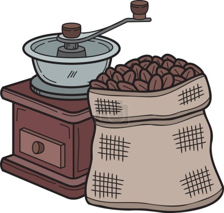 Illustration for Hand Drawn Manual coffee grinder with coffee beans illustration in doodle style isolated on background - Royalty Free Image