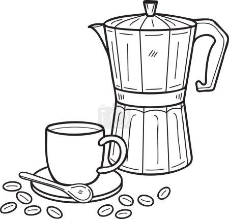 Téléchargez les illustrations : Hand Drawn Coffeemaker Moka pot and a cup of hot coffee illustration in doodle style isolated on background - en licence libre de droit