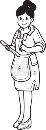 Téléchargez les illustrations : Illustration de serveur femelle dessinée à la main dans un style doodle isolé sur fond - en licence libre de droit