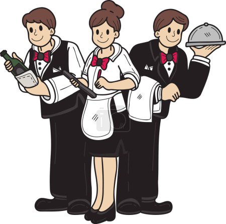 Téléchargez les illustrations : Serveuse dessinée à la main dans une illustration de restaurant dans le style doodle isolé sur fond - en licence libre de droit