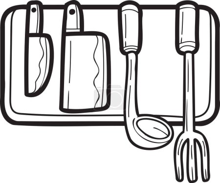 Téléchargez les illustrations : Couteau dessiné à la main et illustration de rangement de cuisine dans le style doodle isolé sur fond - en licence libre de droit