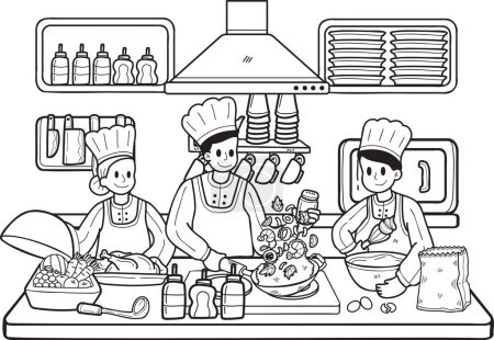 Téléchargez les illustrations : Hand Drawn Chef cuisine dans l'illustration de la cuisine dans le style doodle isolé sur fond - en licence libre de droit