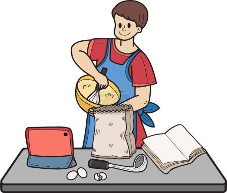 Téléchargez les illustrations : Hand Drawn man learning to cook from the internet illustration in doodle style isolated on background - en licence libre de droit