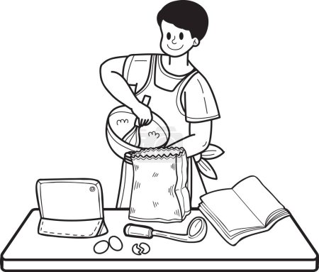 Ilustración de Dibujado a mano hombre aprendiendo a cocinar de la ilustración de Internet en estilo doodle aislado en el fondo - Imagen libre de derechos