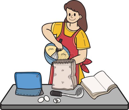 Téléchargez les illustrations : Hand Drawn Woman learning to cook from the internet illustration in doodle style isolated on background - en licence libre de droit