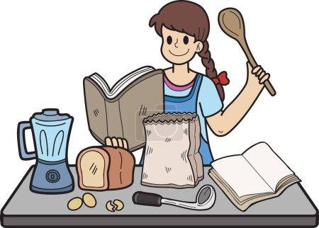 Illustration for Hand Drawn woman practicing cooking illustration in doodle style isolated on background - Royalty Free Image