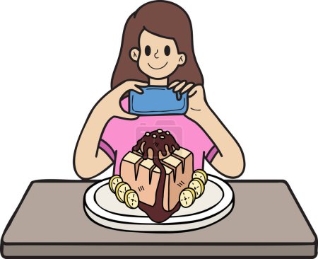 Illustration for Hand Drawn woman taking photo of dessert illustration in doodle style isolated on background - Royalty Free Image