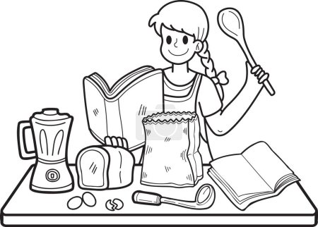 Téléchargez les illustrations : Femme dessinée à la main pratiquant l'illustration de cuisine dans le style doodle isolé sur fond - en licence libre de droit