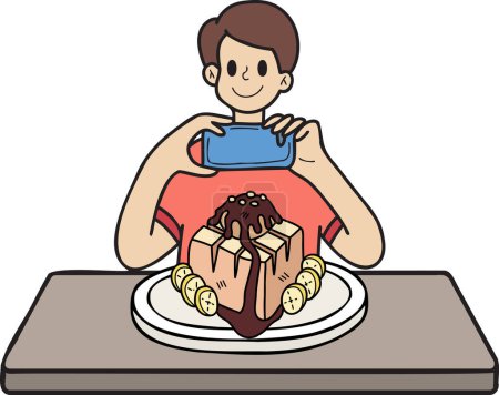 Illustration for Hand Drawn man taking photo of dessert illustration in doodle style isolated on background - Royalty Free Image
