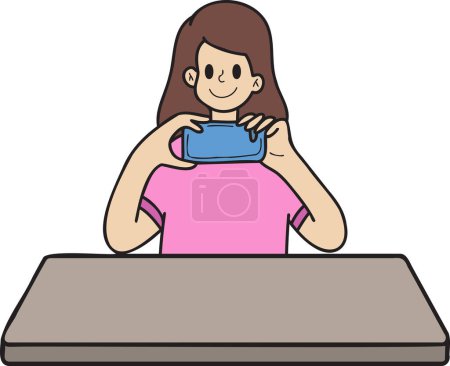 Téléchargez les illustrations : Hand Drawn woman taking photo on dining table illustration in doodle style isolated on background - en licence libre de droit