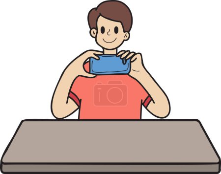 Téléchargez les illustrations : Hand Drawn man taking photo on dining table illustration in doodle style isolated on background - en licence libre de droit