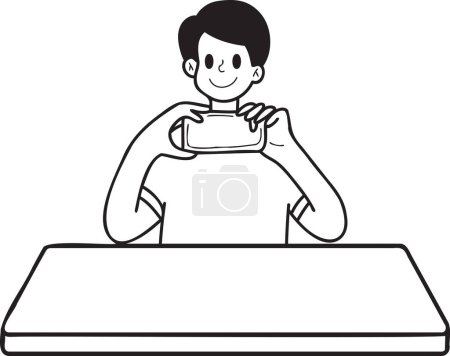 Ilustración de Hombre dibujado a mano tomando fotos en mesa de comedor ilustración en estilo garabato aislado en el fondo - Imagen libre de derechos