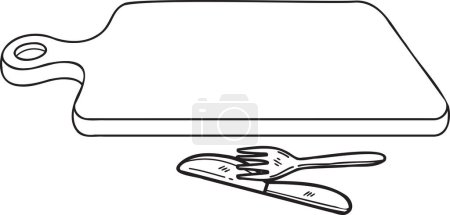 Téléchargez les illustrations : Planche à découper en bois dessinée à la main avec une fourchette et une illustration au couteau dans un style doodle isolé sur fond - en licence libre de droit