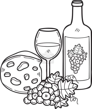 Téléchargez les illustrations : Illustration au fromage et vin de raisin dessinée à la main dans un style doodle isolé sur fond - en licence libre de droit