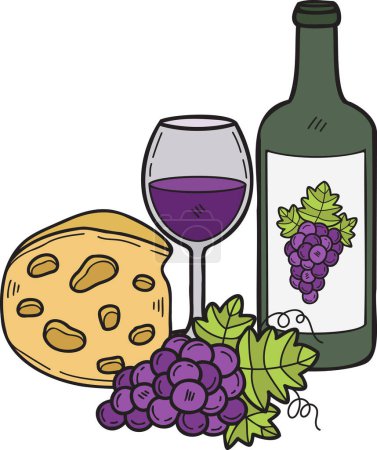 Téléchargez les illustrations : Illustration au fromage et vin de raisin dessinée à la main dans un style doodle isolé sur fond - en licence libre de droit