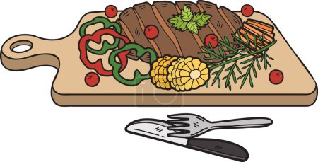 Illustration for Hand Drawn beef steak on a wooden chopping board with knife and fork illustration in doodle style isolated on background - Royalty Free Image