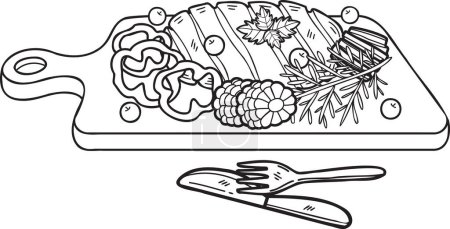 Téléchargez les illustrations : Hand Drawn beef steak on a wooden chopping board with knife and fork illustration in doodle style isolated on background - en licence libre de droit