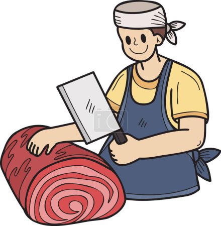 Téléchargez les illustrations : Hand Drawn chef cutting beef illustration in doodle style isolated on background - en licence libre de droit