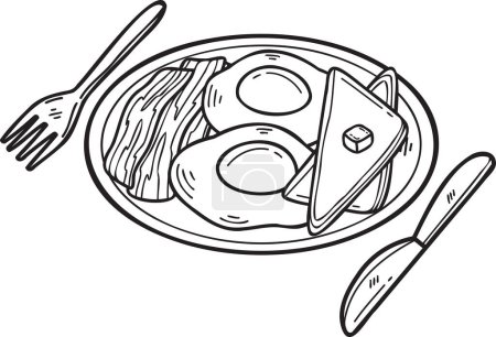 Téléchargez les illustrations : Œufs et bacon frits dessinés à la main sur une assiette illustrée dans un style doodle isolé sur fond - en licence libre de droit