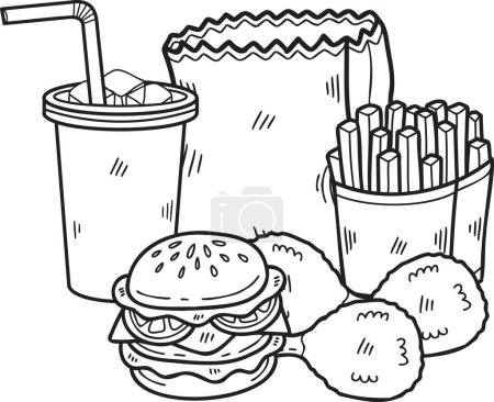 Téléchargez les illustrations : Fast Food dessiné à la main Illustration de l'ensemble dans un style doodle isolé sur fond - en licence libre de droit