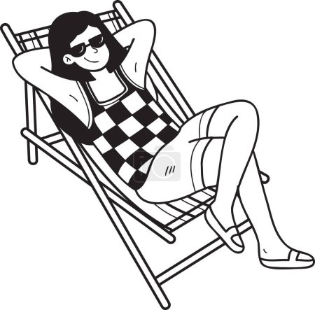 Téléchargez les illustrations : Dessinée à la main Touristes féminines bronzer sur des chaises longues illustration dans le style doodle isolé sur le fond - en licence libre de droit