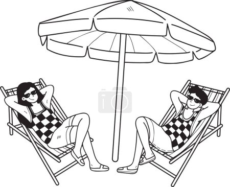 Ilustración de Hand Drawn couple sunbathing at sea illustration in doodle style isolated on background - Imagen libre de derechos