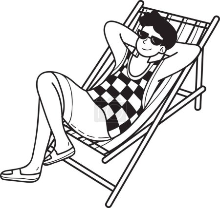 Téléchargez les illustrations : Touristes masculins dessinés à la main bronzer sur des chaises longues illustration dans le style doodle isolé sur le fond - en licence libre de droit