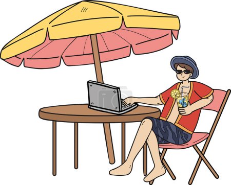 Illustration for Hand Drawn Freelancer working on laptop at sea illustration in doodle style isolated on background - Royalty Free Image