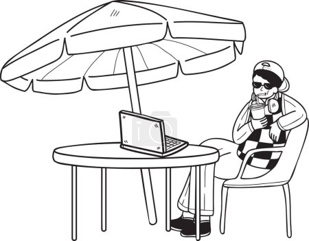 Ilustración de Freelancer dibujado a mano que trabaja en la ilustración del ordenador portátil en el mar en estilo de garabato aislado en el fondo - Imagen libre de derechos
