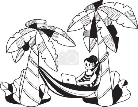Téléchargez les illustrations : Hand Drawn Freelance woman working on laptop under coconut tree illustration in doodle style isolated on background - en licence libre de droit